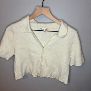 Hazel Moon Cream Ribbed Knit Collared Crop Top, Size XL